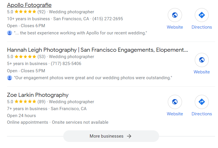 A screenshot of Google My Business listings from San Francisco, CA wedding photographers.